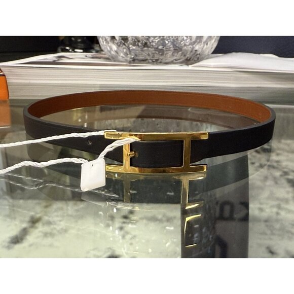 Hermès Black & Tan Reversible Leather Bracelet With Gold-Plated H Buckle Made In